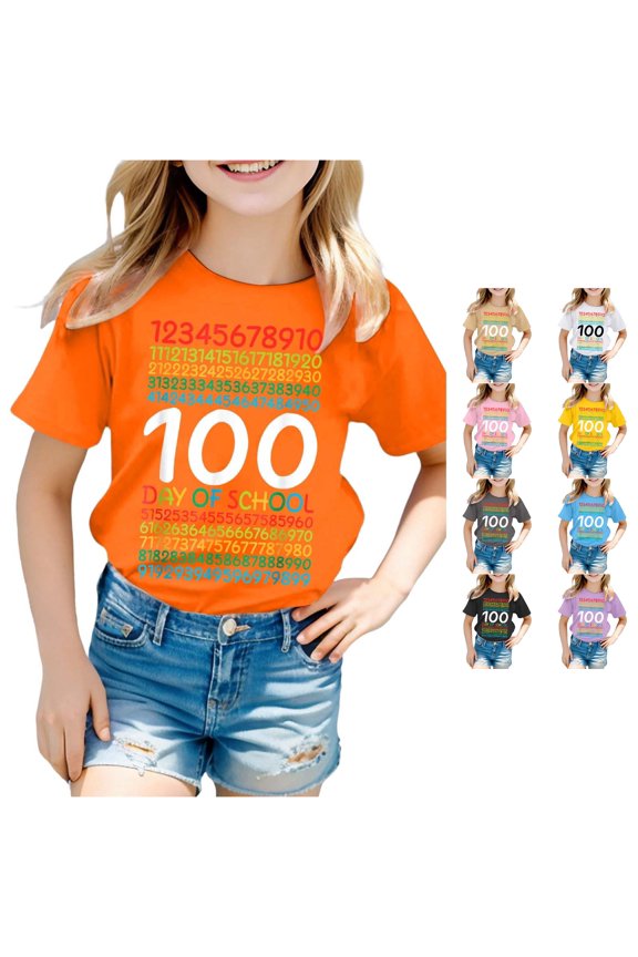 Girls School Clothes 100 Days of School Funny Number Print Summer Casual Crewneck Short Sleeve T-Shirts Tops Pullover Shirts