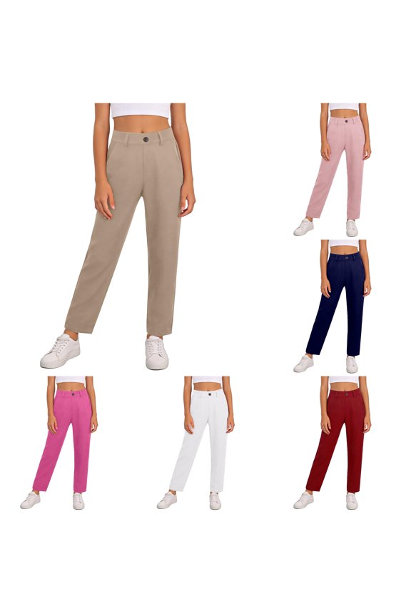 Girls School Uniform Straight Leg Pants High Waisted Button Zip Fly Belt Loops Side Pockets Full Length Back To School Bottoms