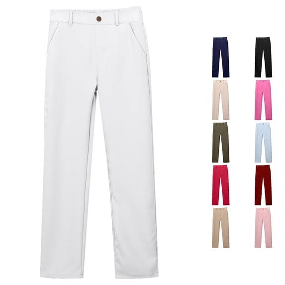 Trendfront Girls School Uniform Straight Leg Pants Mid Rise Button Zip Fly Belt Loops Slant Pockets Full Length Back To School Bottoms