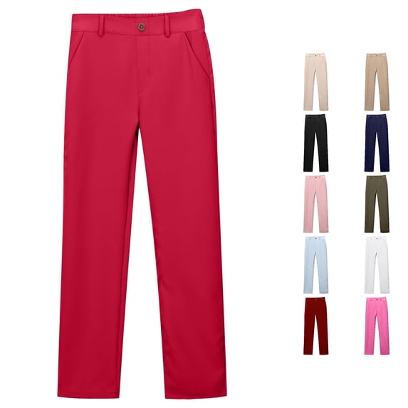 Trendfront Girls School Uniform Straight Leg Pants Mid Rise Button Zip Fly Belt Loops Slant Pockets Full Length Back To School Bottoms