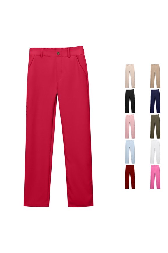 Girls School Uniform Straight Leg Pants Mid Rise Button Zip Fly Belt Loops Slant Pockets Full Length Back To School Bottoms