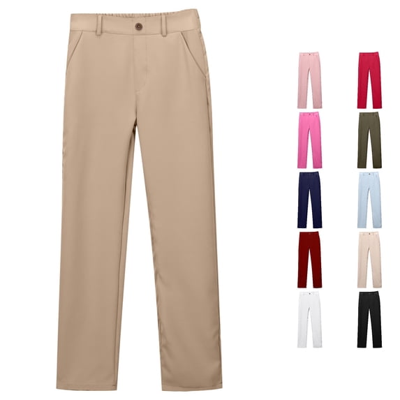 Trendfront Girls School Uniform Straight Leg Pants Mid Rise Button Zip Fly Belt Loops Slant Pockets Full Length Back To School Bottoms