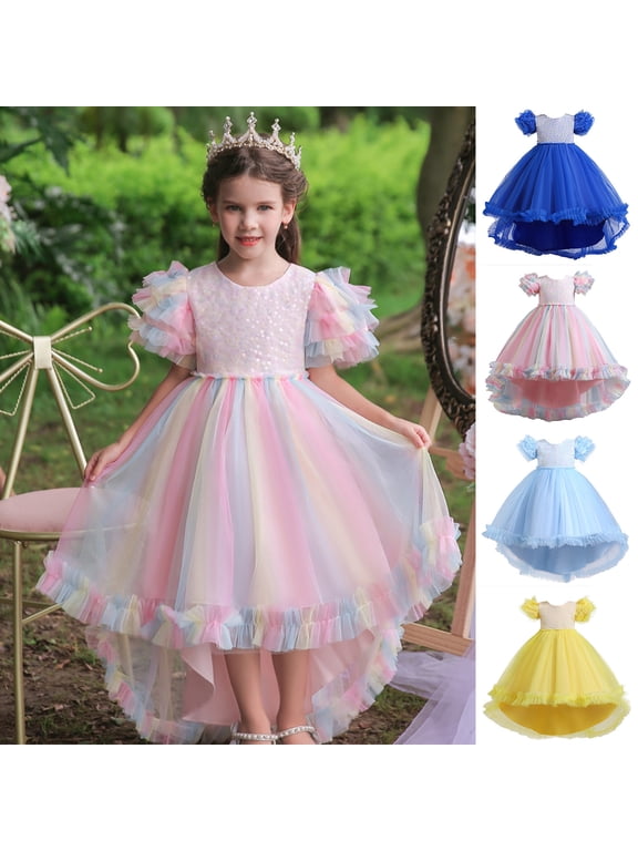 Girls Sequin Rainbow Dress Maxi Short Sleeve Crew Neck Toddler Hi Lo Layered Pageant Wedding Formal Gown
