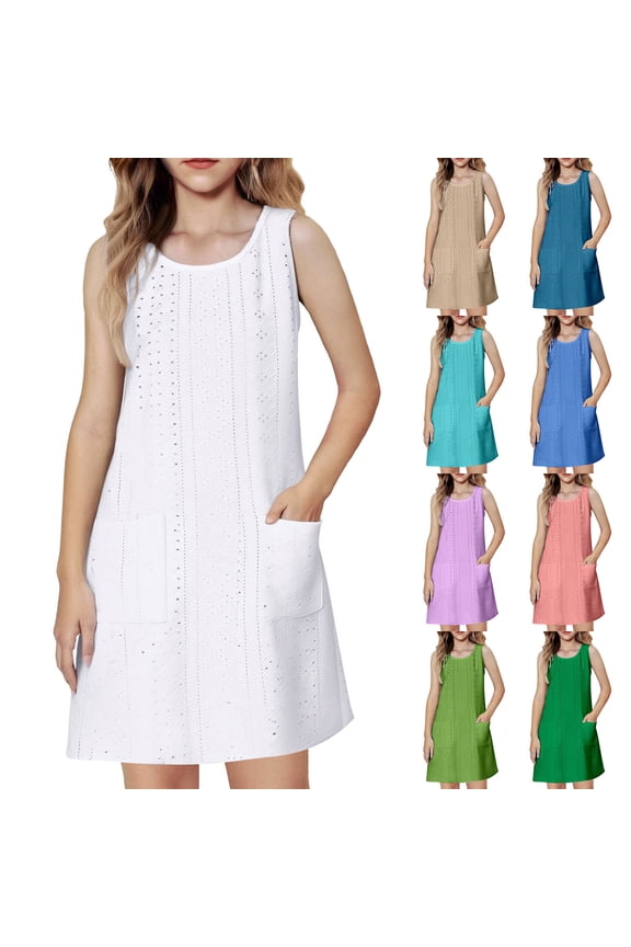 Girls Shift Tunic Dress Mid-Length Sleeveless Crewneck Open Knit Geometric Pattern Daily Wear Summer Beach