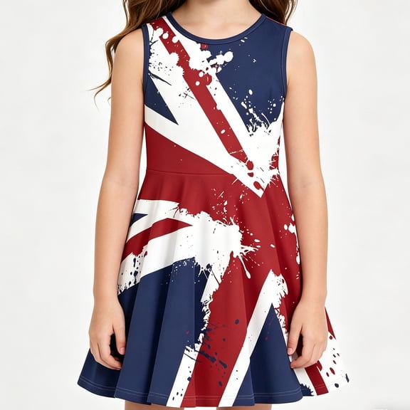 Trendfront Girls Skater Mini Sleeveless Crewneck Union Jack Splash Graphic Print Sundress Flare Hem Active Street Style Summer Fashion