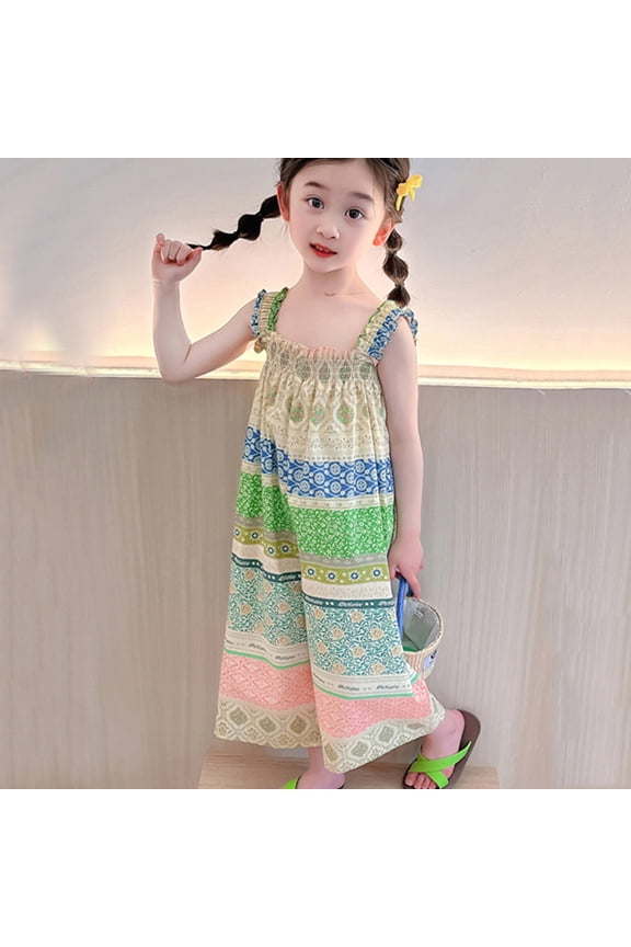 Girls Sleeveless Romper Cami Jumpsuit Floral Patchwork Wide Leg Suit Summer Thin Kids Playwear One Piece Outfit Casual Long Trousers