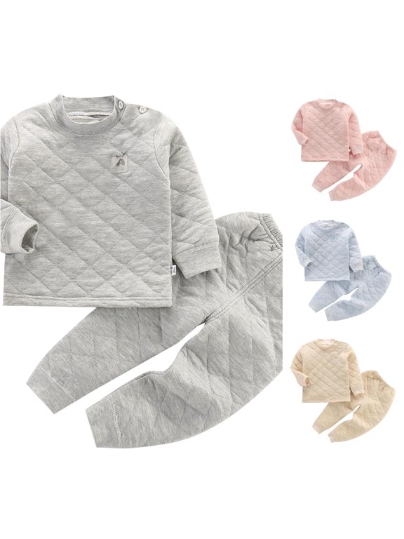 Girls Solid Color Base Layer Clothing Sets Long Sleeve 2 Piece Suit Crewneck Three Layer Thic Top & Base Layer Pants Winter Outfits