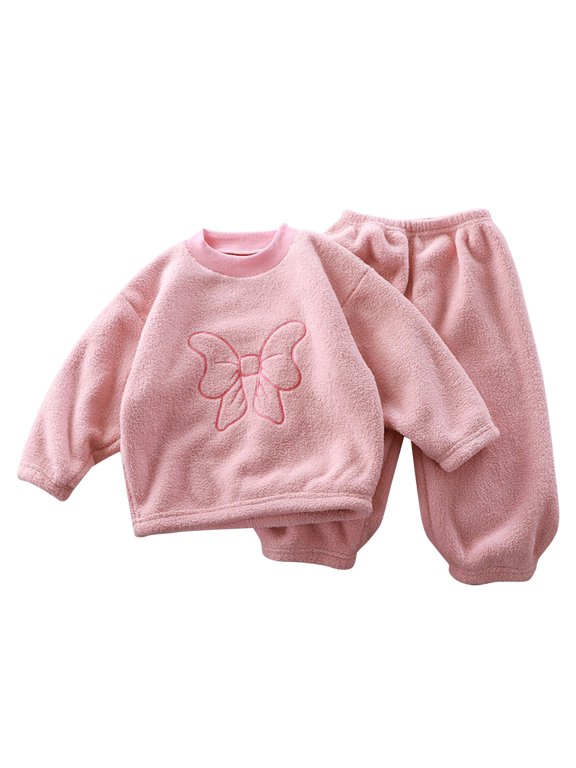 Girls Solid Color Bowknot Clothing Sets Long Sleeve 2 Piece Suit Crewneck Thic Top & Warm Base Layer Pants Fall Winter Outfits