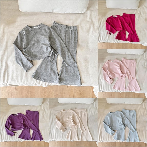 Trendfront Girls Solid Color Outfit Set Crew Neck Long Sleeve Shirt Summer 2 Piece Casual Fashion Flare Pants Set for Girls 2-10 Years Clothes Set