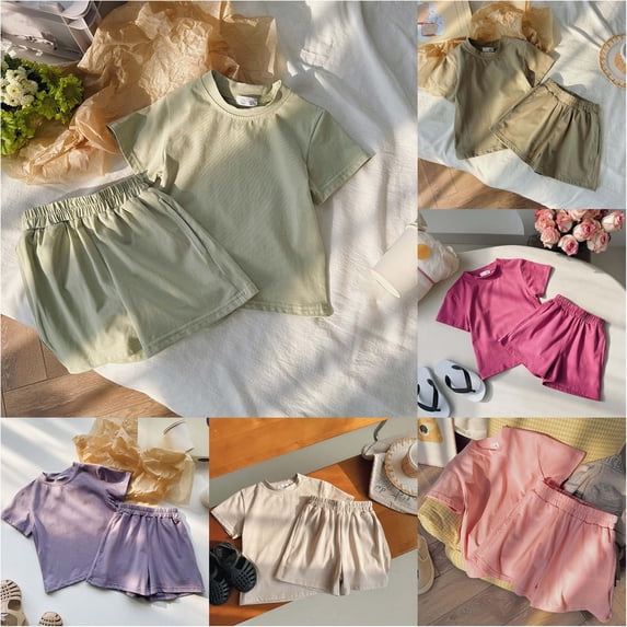 Trendfront Girls Solid Color Outfit Set Crew Neck Short Sleeve Top Summer 2 Piece Matching Shorts Collection Kids Ages 2-10Y Casual Daily Wear Clothes Set