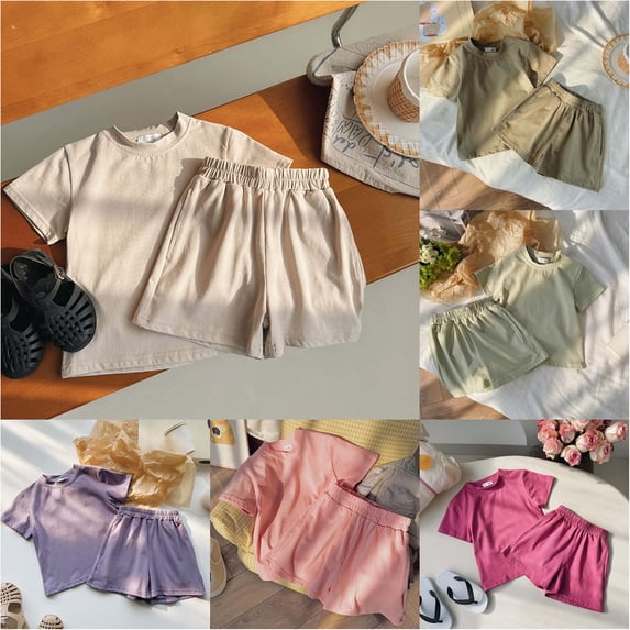 Trendfront Girls Solid Color Outfit Set Crew Neck Short Sleeve Top Summer 2 Piece Matching Shorts Collection Kids Ages 2-10Y Casual Daily Wear Clothes Set