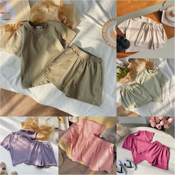 Trendfront Girls Solid Color Outfit Set Crew Neck Short Sleeve Top Summer 2 Piece Matching Shorts Collection Kids Ages 2-10Y Casual Daily Wear Clothes Set