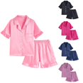 thumbnail image 1 of Trendfront Girls Solid Color Outfit Set Notch Neck Short Sleeve Top Summer 2 Piece Matching Shorts Bundle Kids Ages 3-12Y Trendy Daily Wear Set Clothes Set, 1 of 9