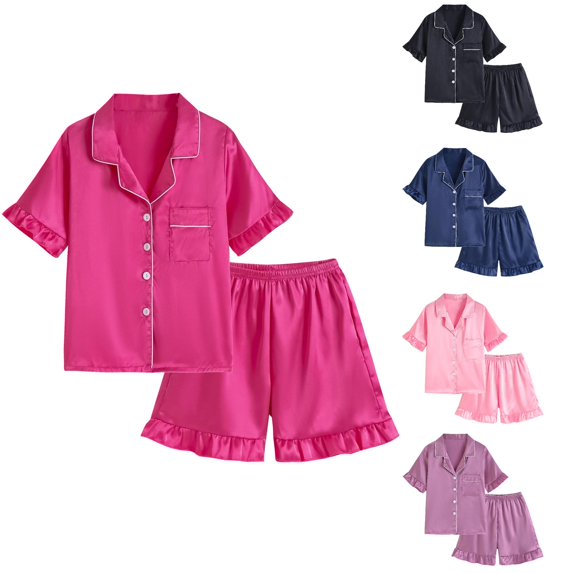 Trendfront Girls Solid Color Outfit Set Notch Neck Short Sleeve Top Summer 2 Piece Matching Shorts Bundle Kids Ages 3-12Y Trendy Daily Wear Set Clothes Set