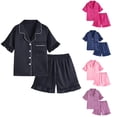 thumbnail image 1 of Trendfront Girls Solid Color Outfit Set Notch Neck Short Sleeve Top Summer 2 Piece Matching Shorts Bundle Kids Ages 3-12Y Trendy Daily Wear Set Clothes Set, 1 of 8
