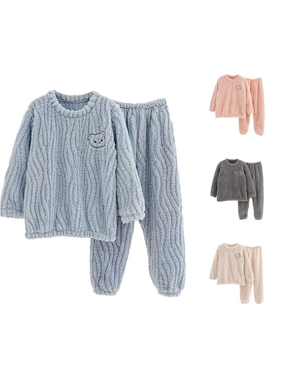 Girls Solid Color Stripe Thic Clothing Sets Long Sleeve 2 Piece Suit Crewneck Top & Long Pants Warm Lounge Wear Fall Winter Outfits