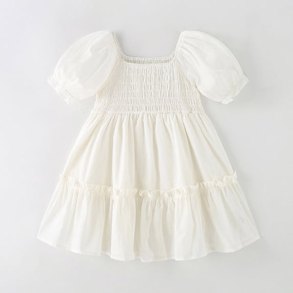 Trendfront Girls Solid Princess Dress for Girls Summer Square Neck Puff Short Sleeve Casual Cotton A-Line Holiday Sundress
