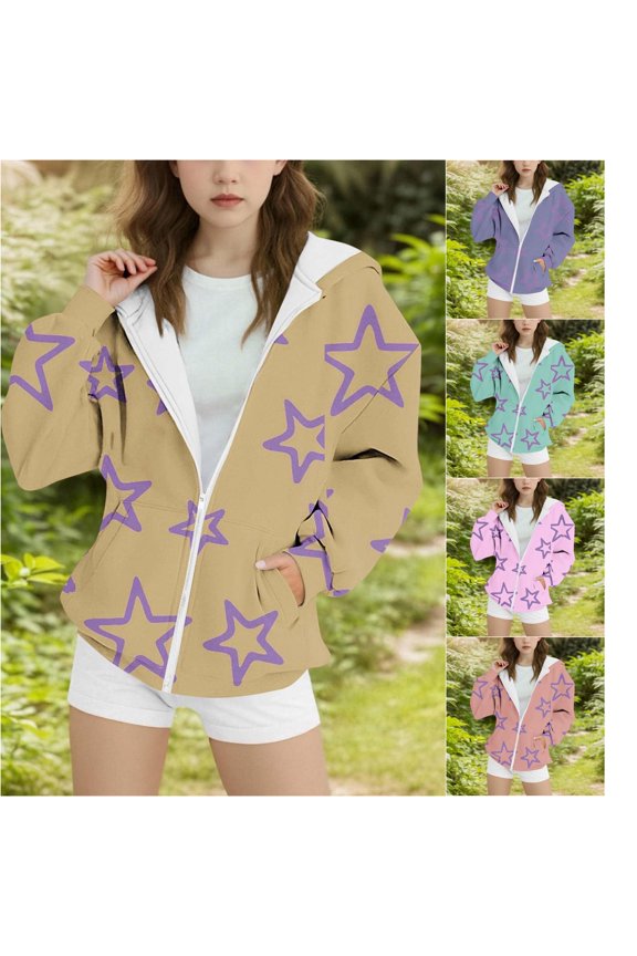 Girls Star Print Hoodie Zip Up Spring Autumn Long Sleeve Top Casual Outerwear Kids Hooded Graphic Pullover Clothing