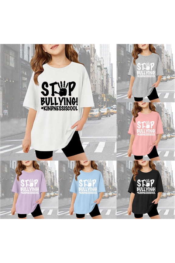 Girls Stop Bullying Graphic Tee Crewneck Short Sleeve Positive Message Shirt School Awareness Campaign T-Shirt Everyday Kindness Blouse