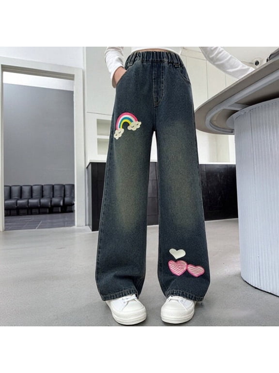 Girls Straight Jeans Cute Rainbow Graphic Print Wide Leg Cut Denim Pants Vintage Washed Distressed Multi Pockets Kids Trousers 4-14Y