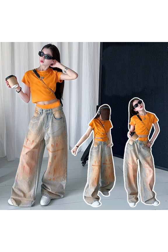 Girls Straight Jeans Gradient Washed Graffiti Printed Denim Pants Oversized Straight Floor Length Kids Multi Pockets Trousers