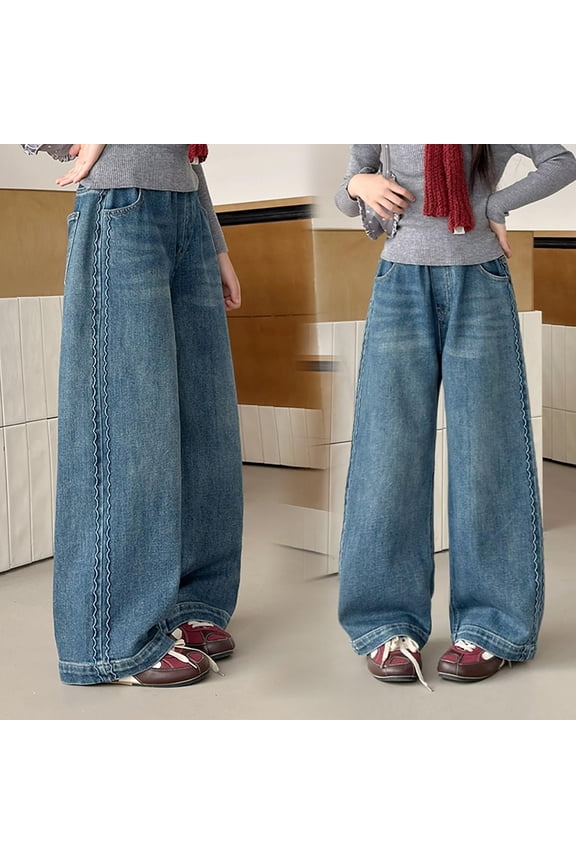 Girls Straight Jeans Special Embossed Process Texture Oversized Wide Leg Denim Pants Washed Distressed Multi Pockets Kids Trousers