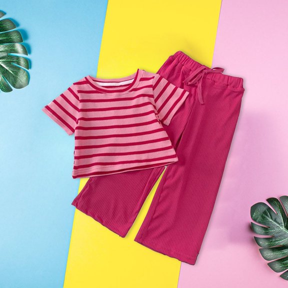 Trendfront Girls Striped Graphic Print Outfit Set Crew Neck Short Sleeve Top Summer 2 Piece Fashionable Casual Kids Clothing Everyday Wear 2T-7T Clothes Set