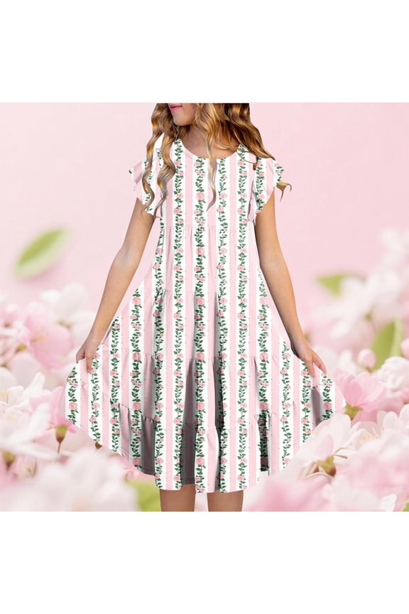 Girls Sundress Mid-Length Sleeveless Crewneck Vertical Stripe Rose Floral Print Tiered Ruffle Sleeve A-Line Dress Picnic Wear