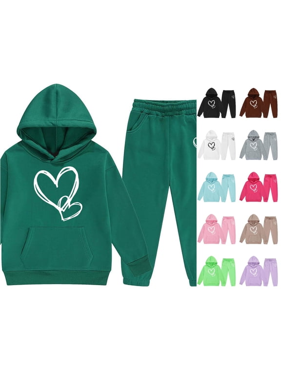 Girls Sweet Heart Print Clothing Sets Long Sleeve 2 Piece Suit Hoodie & Sweatpants Kangaroo Pocket Active Fall Winter Outfits