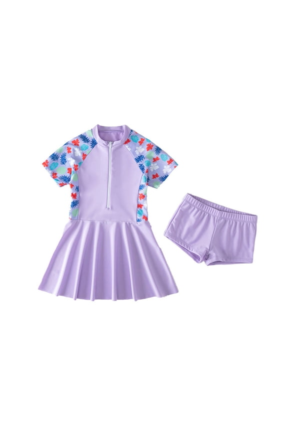 Girls Swimsuit 1 Piece Bathing Suit Ocean Marine Pattern Print Dress Skirt Built In Shorts Swimwear