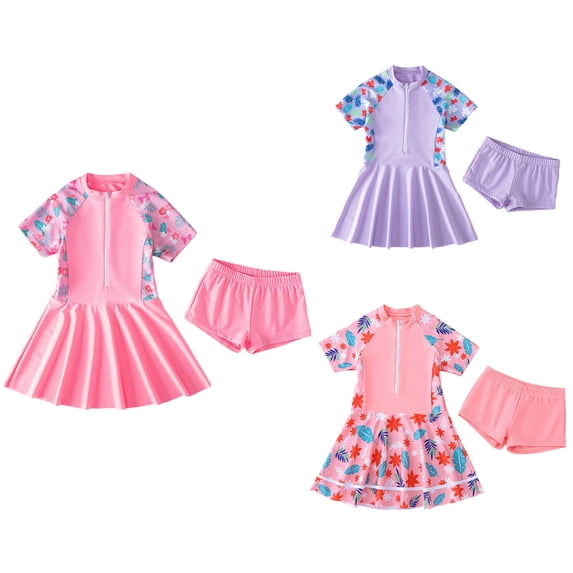 Trendfront Girls Swimsuit 1 Piece Bathing Suit Ocean Marine Pattern Print Dress Skirt Built In Shorts Swimwear