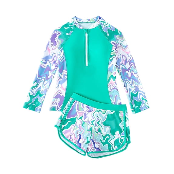 Trendfront Girls Swimsuit 2 Piece Bathing Suit Rainbow Pattern Rash Guard Separate Skirt Bottoms Swimwear