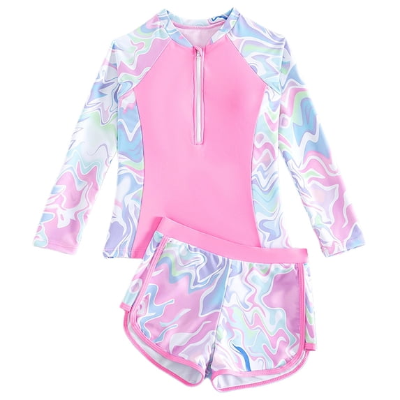 Trendfront Girls Swimsuit 2 Piece Bathing Suit Rainbow Pattern Rash Guard Separate Skirt Bottoms Swimwear