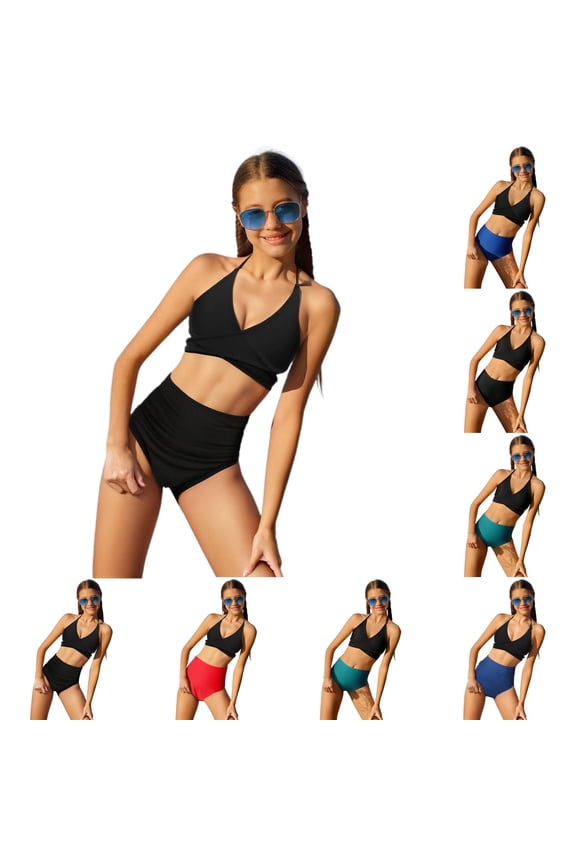 Girls Swimsuit 2 Piece Bathing Suit Solid Color Plain Cami Top Separate Swim Bottoms Shorts Match Sets Swimwear