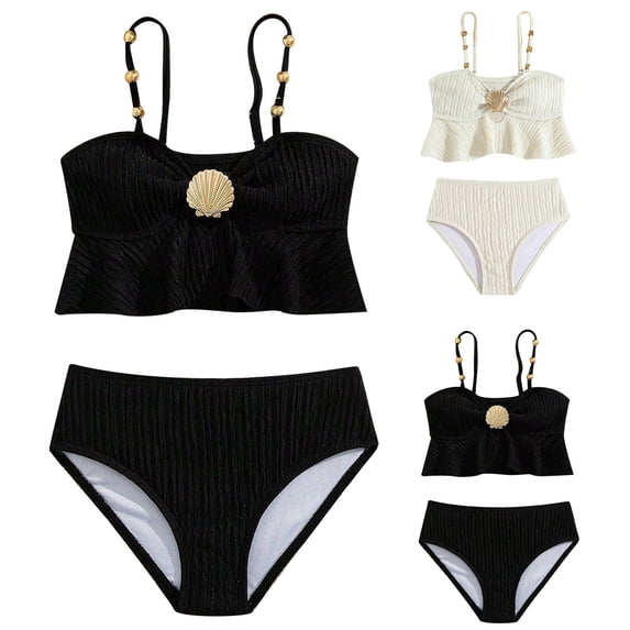 Trendfront Girls Swimsuit 2 Piece Bathing Suit Solid Color Plain Cami Vest Strap Top Ruffle Flounce Sea Shell Match Sets Swimwear