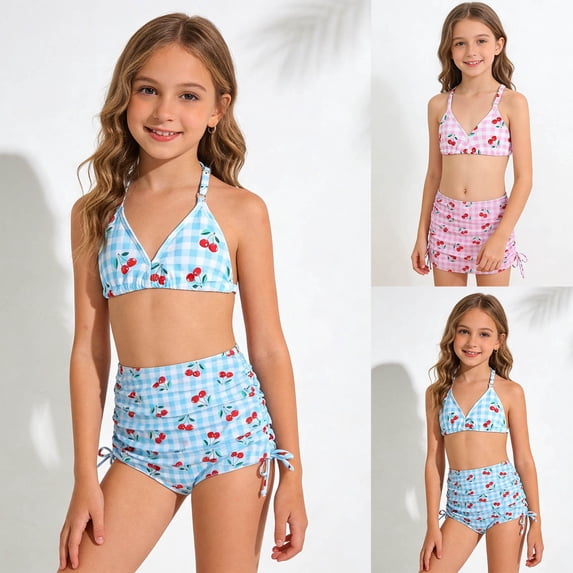 Trendfront Girls Swimsuit 3 Piece Bathing Suit 5-11 Years Cami Cherry Fruit Pattern Top Separate Shorts Skirt Padded Swimwear