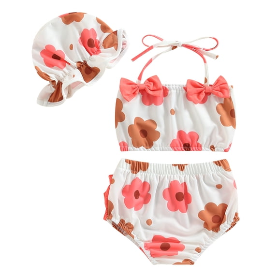 Trendfront Girls Swimsuit 3 Piece Bathing Suit Ruffle Flounce Strawberry Fruit Print Top Shorts Matching Hat Swimwear
