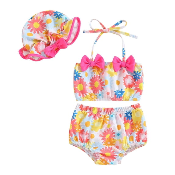 Trendfront Girls Swimsuit 3 Piece Bathing Suit Ruffle Flounce Strawberry Fruit Print Top Shorts Matching Hat Swimwear