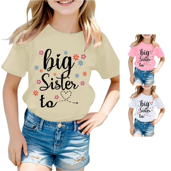 Trendfront Girls T Shirt Big Sister Floral Bee Print Short Sleeve Crew Neck Cute Family Announcement Kids Graphic Tees
