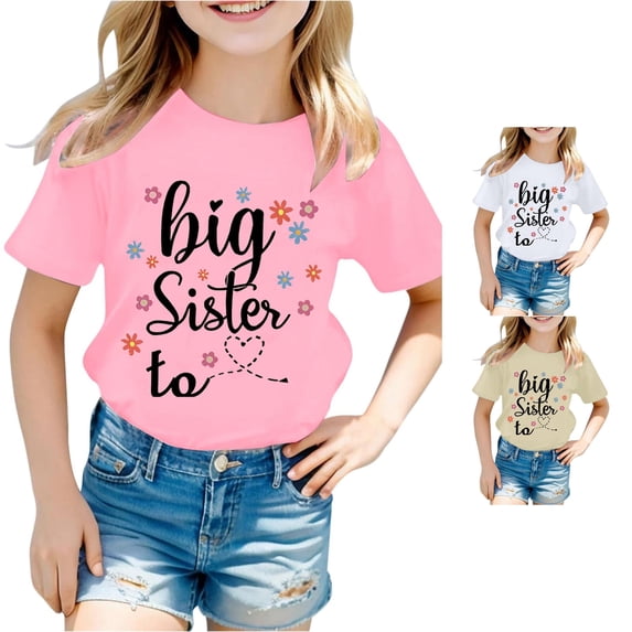 Trendfront Girls T Shirt Big Sister Floral Bee Print Short Sleeve Crew Neck Cute Family Announcement Kids Graphic Tees