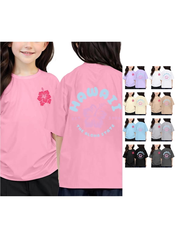 Girls T Shirt Hawaii Tropical Aloha State Hibiscus Flower Print Crew Neck Short Sleeve Summer Beach Holiday Clothes Kids Casual Vacation Tops