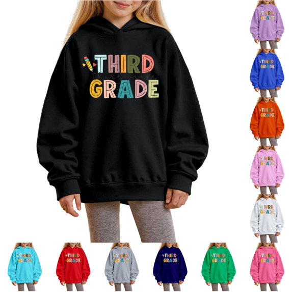 Trendfront Girls Third Grade Graphic Sweatshirts Long Sleeve Pullover Hoodie Colorful Letter Print School Theme Casual Classroom Outfit Tops