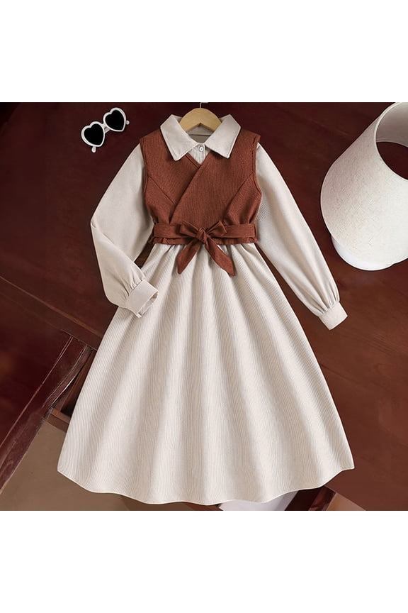 Girls Twofer Play Dress Mid Length Long Sleeve Collared Contrast Vest Overlay Ribbed Texture Front Bowknot Belt Detail Casual Daily Wear