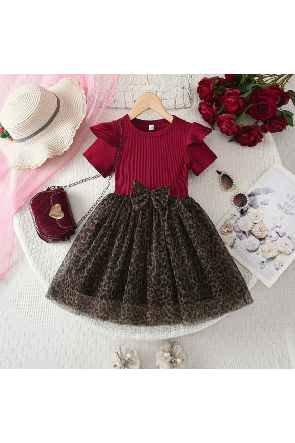 Girls Twofer Skater Dress Mid Length Short Sleeve Crewneck Leopard Pattern Mesh Ruffle Bow Decor Daily Wear
