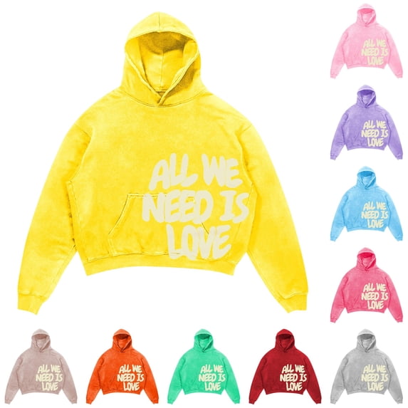 Trendfront Girls Vintage Hoodies Long Sleeve All We Need Is Love Letter Graphic Kangaroo Pocket Fall Winter Casual Pullover Sweatshirt Tops
