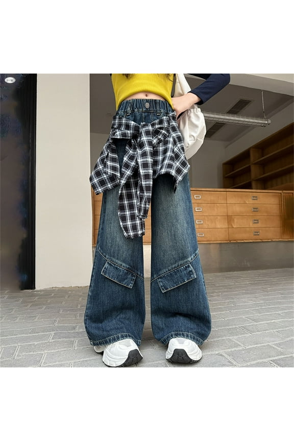 Girls Wide Leg Jeans Retro High Waisted Plaid Patchwork Denim Pants Two In One Style Washed Distressed Kids Casual Trousers Wear