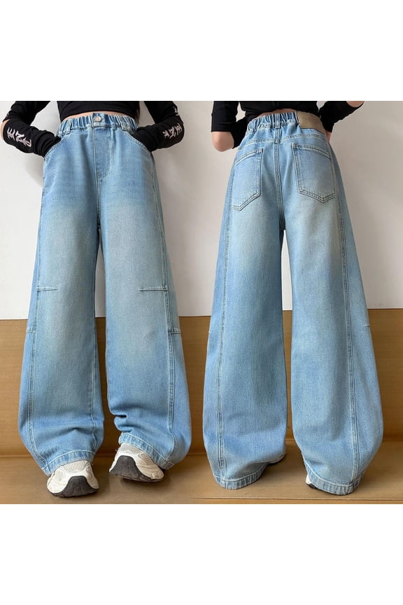 Girls Wide Leg Jeans Retro Oversized Patchwork Straight Cut Denim Pants Vintage Washed Distressed Multi Pockets Kids Casual Trousers