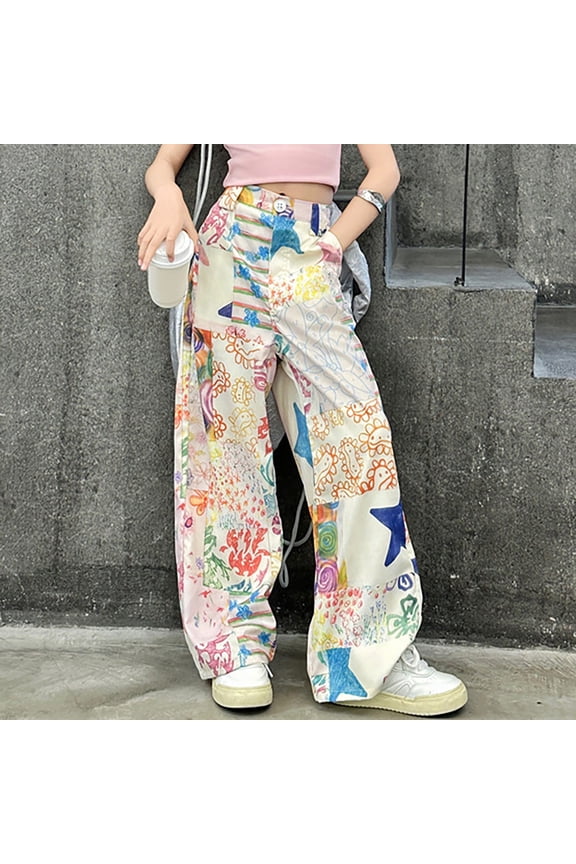 Girls Wide Leg Jeans Summer Thin Oversized Graffiti Print Straight Denim Pants Washed Distressed Multi Pockets Kids Long Trousers