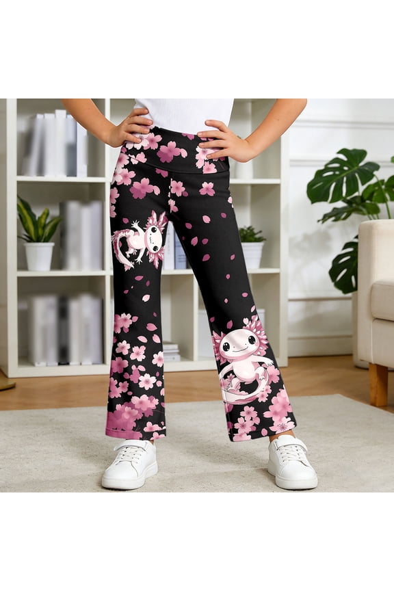 Girls Wide Leg Pants Cute Cartoon Character Print Athletic Long Size Sport Slacks Fashion Bell Bottom Flare Kids Casual Trousers 1-14Y