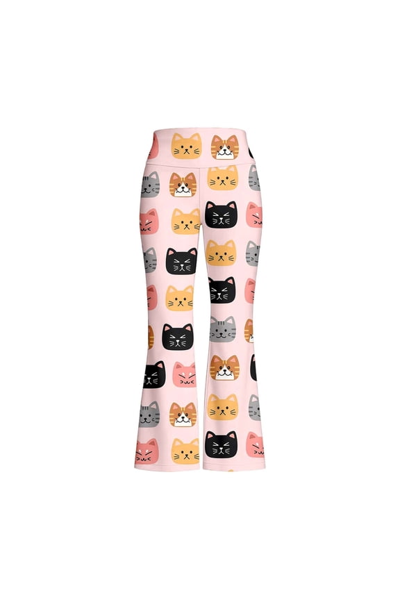 Girls Wide Leg Pants Cute Cat Graphic Printed Athletic Long Sport Slacks Fashion Bell Bottom Flare Kids Casual Trousers 3-14Y